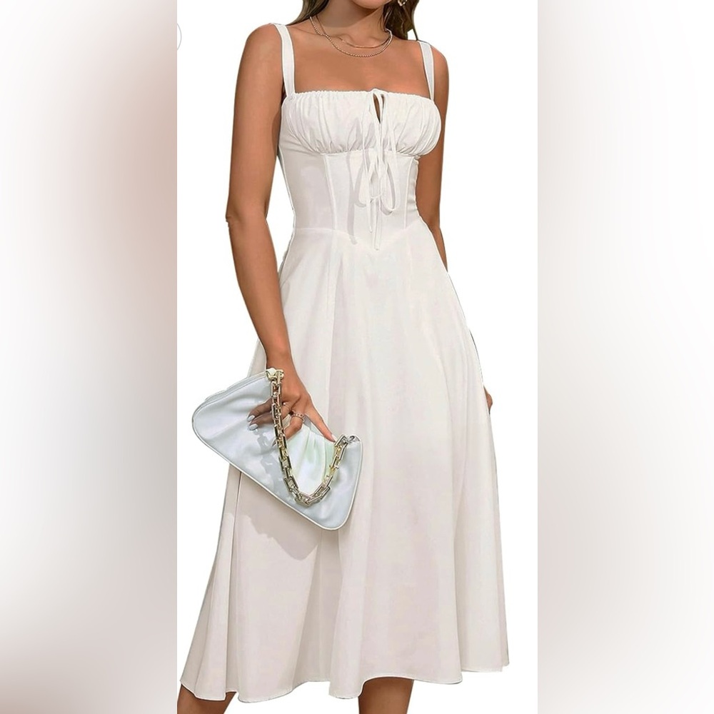 White Midi Corset Dress Boho Flowy Slit Lace Up Size S